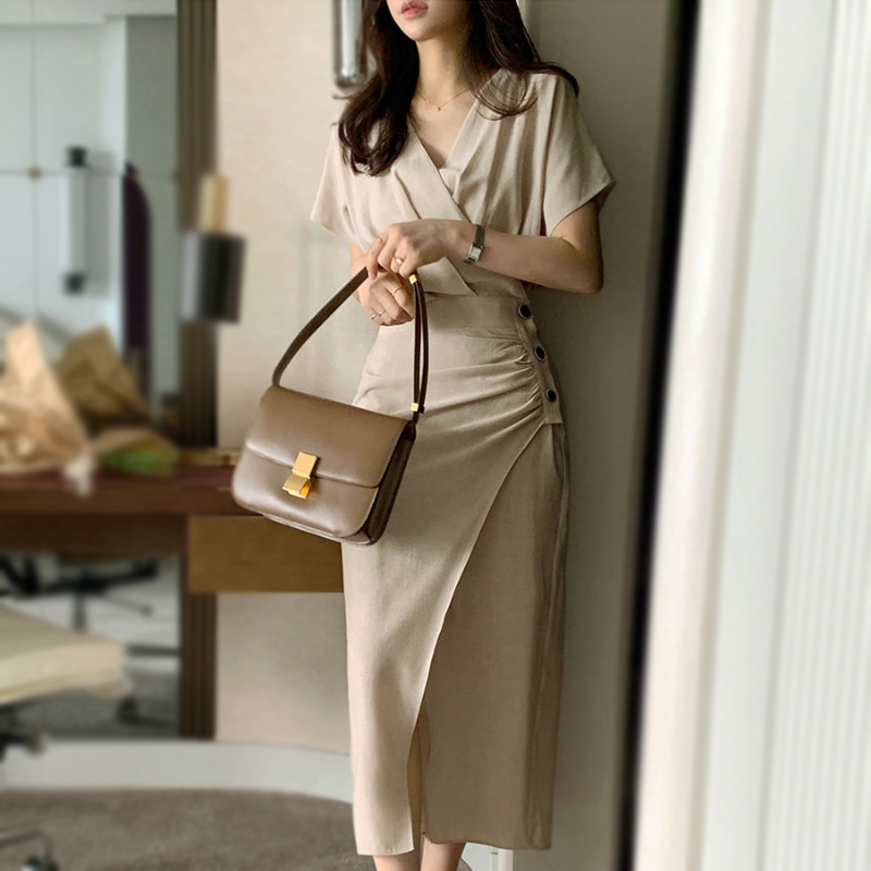 Cross summer Korean style elegant short sleeve fold dress