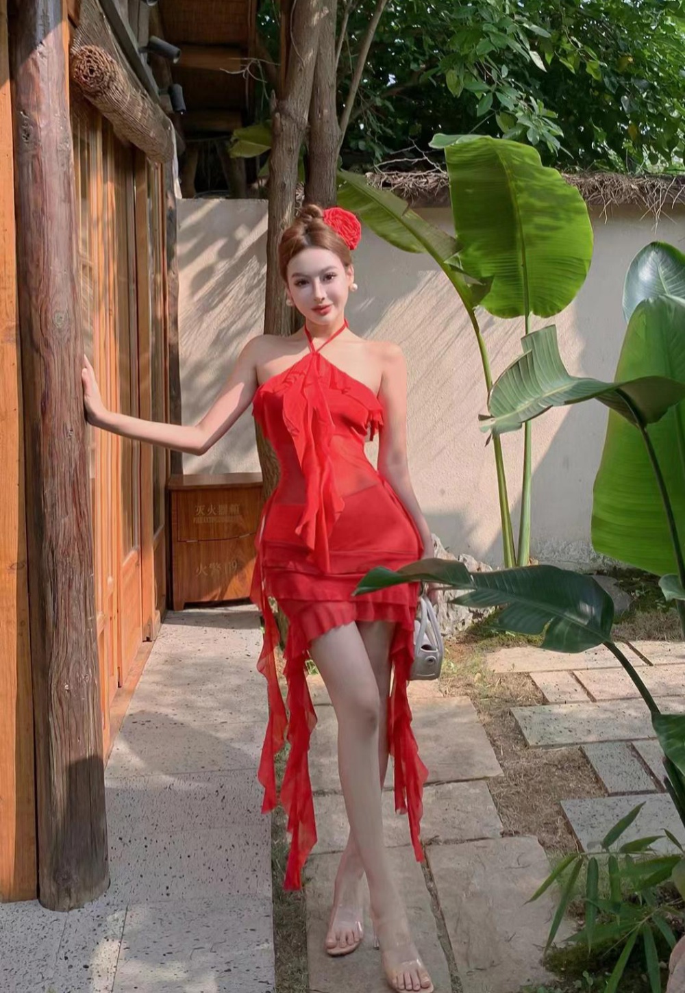 Lotus leaf edges gauze spicegirl vacation red dress