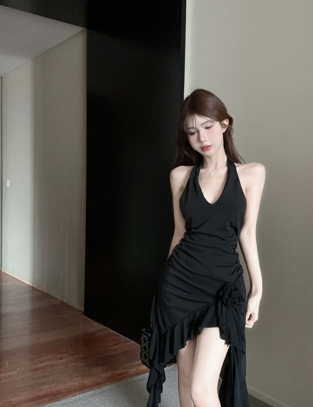 V-neck spicegirl dress halter irregular long dress for women