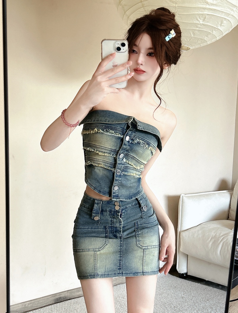 Retro denim sexy skirt flat shoulder slim vest 2pcs set