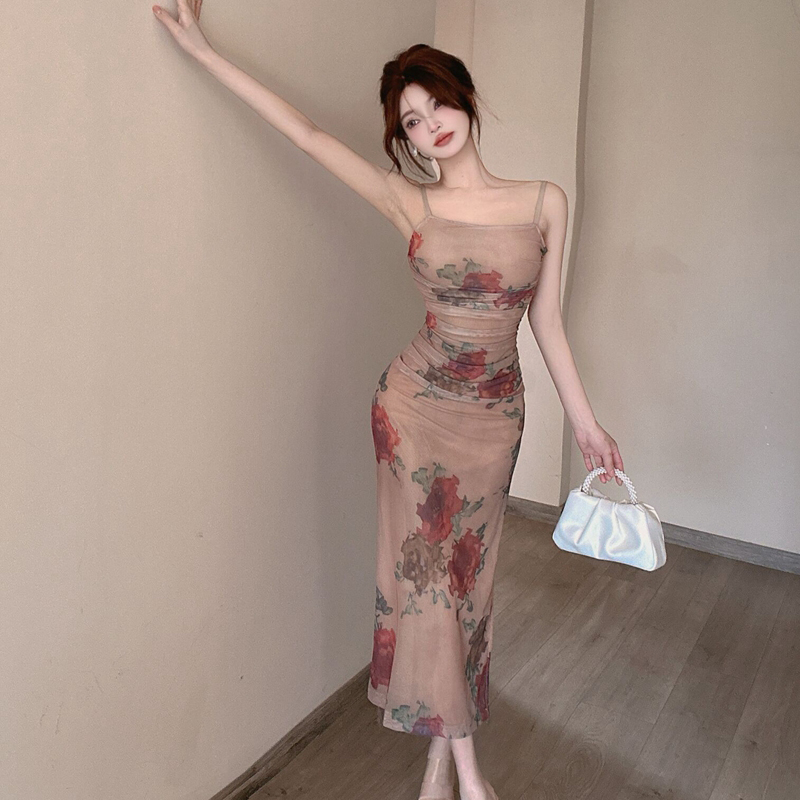 Sling sexy slim dress seaside printing vacation long dress