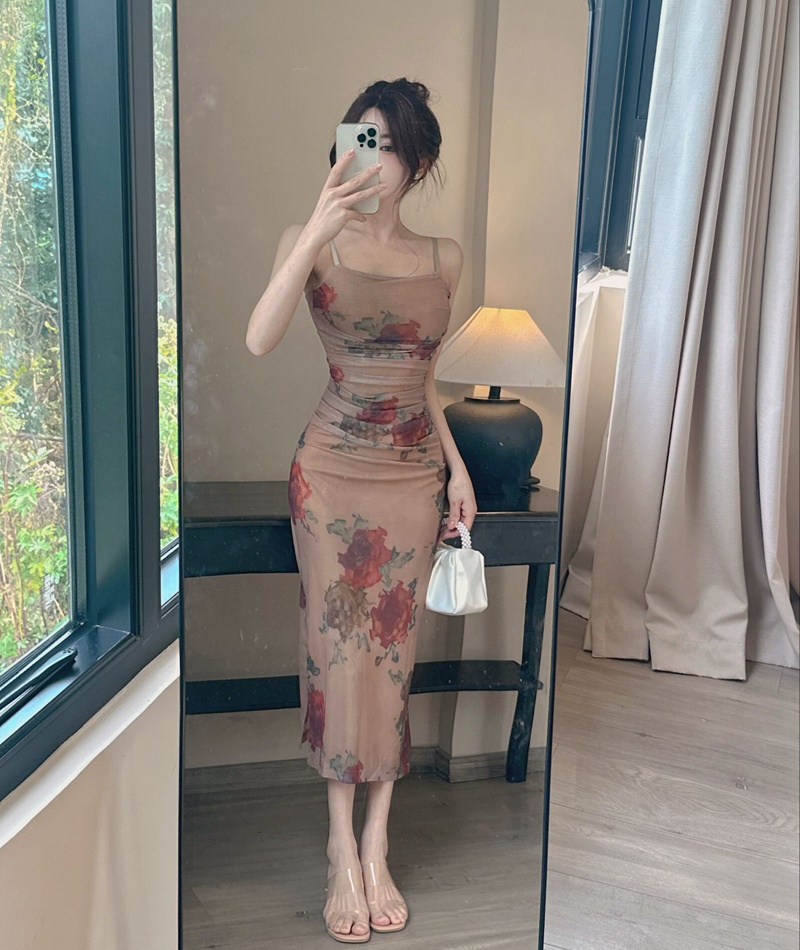 Sling sexy slim dress seaside printing vacation long dress