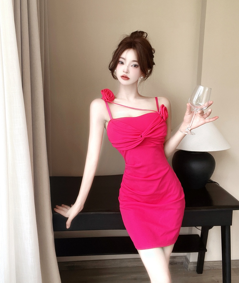Rose halter summer sexy package hip stereoscopic dress