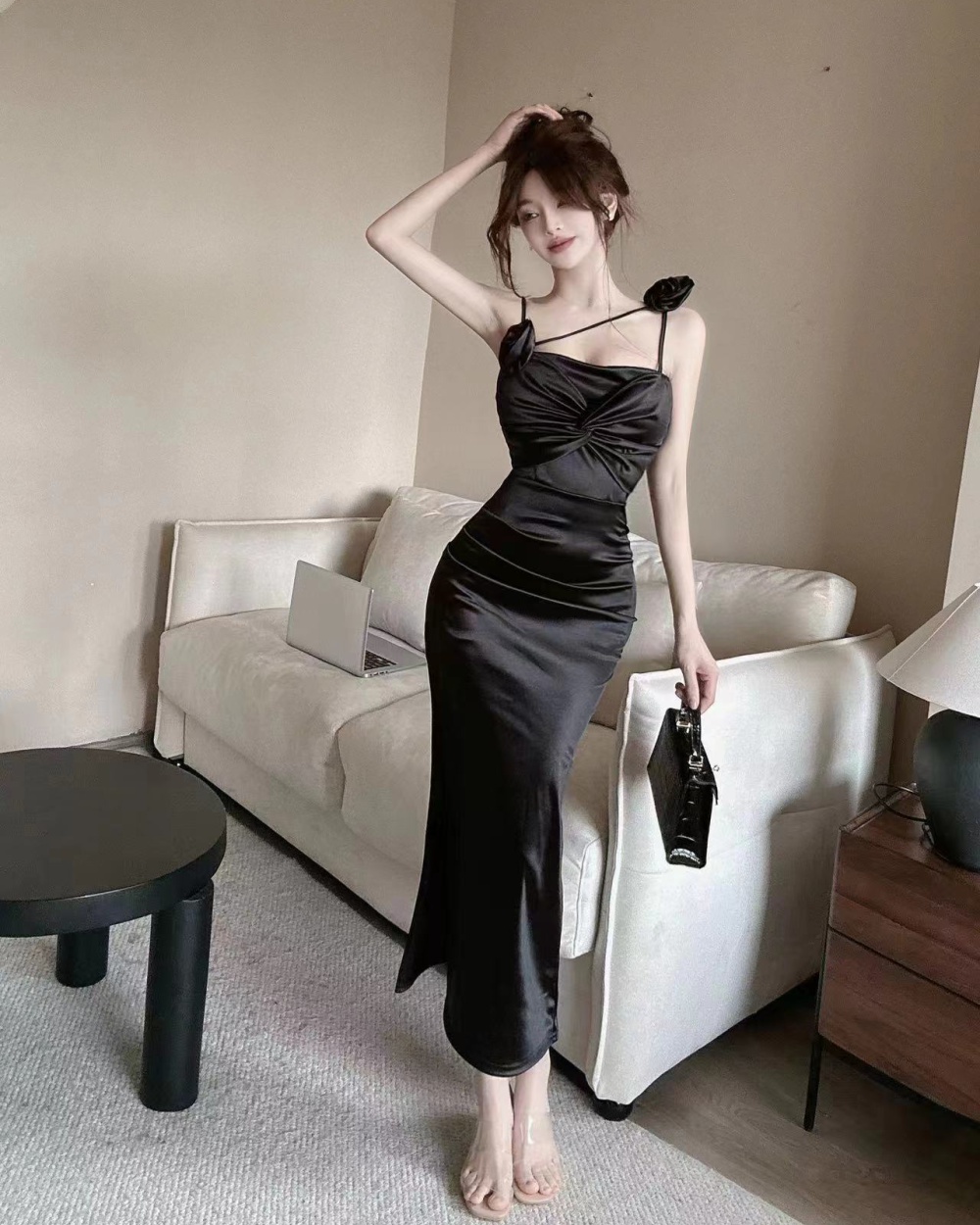 Low-cut V-neck sexy long dress split temperament dress