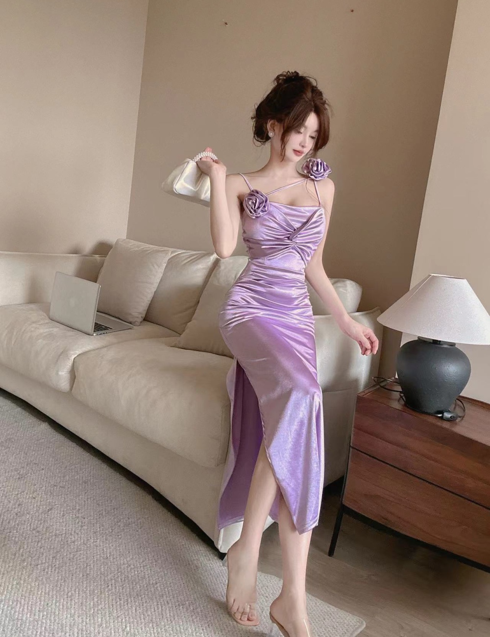 Low-cut V-neck sexy long dress split temperament dress