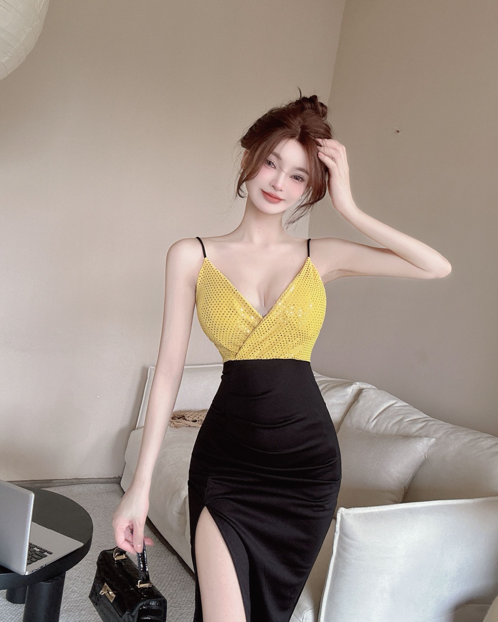 High slit sling formal dress splice long dress