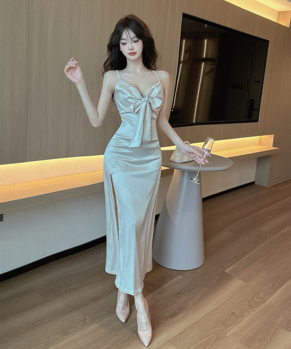 Drawstring high slit bottoming low-cut long dress