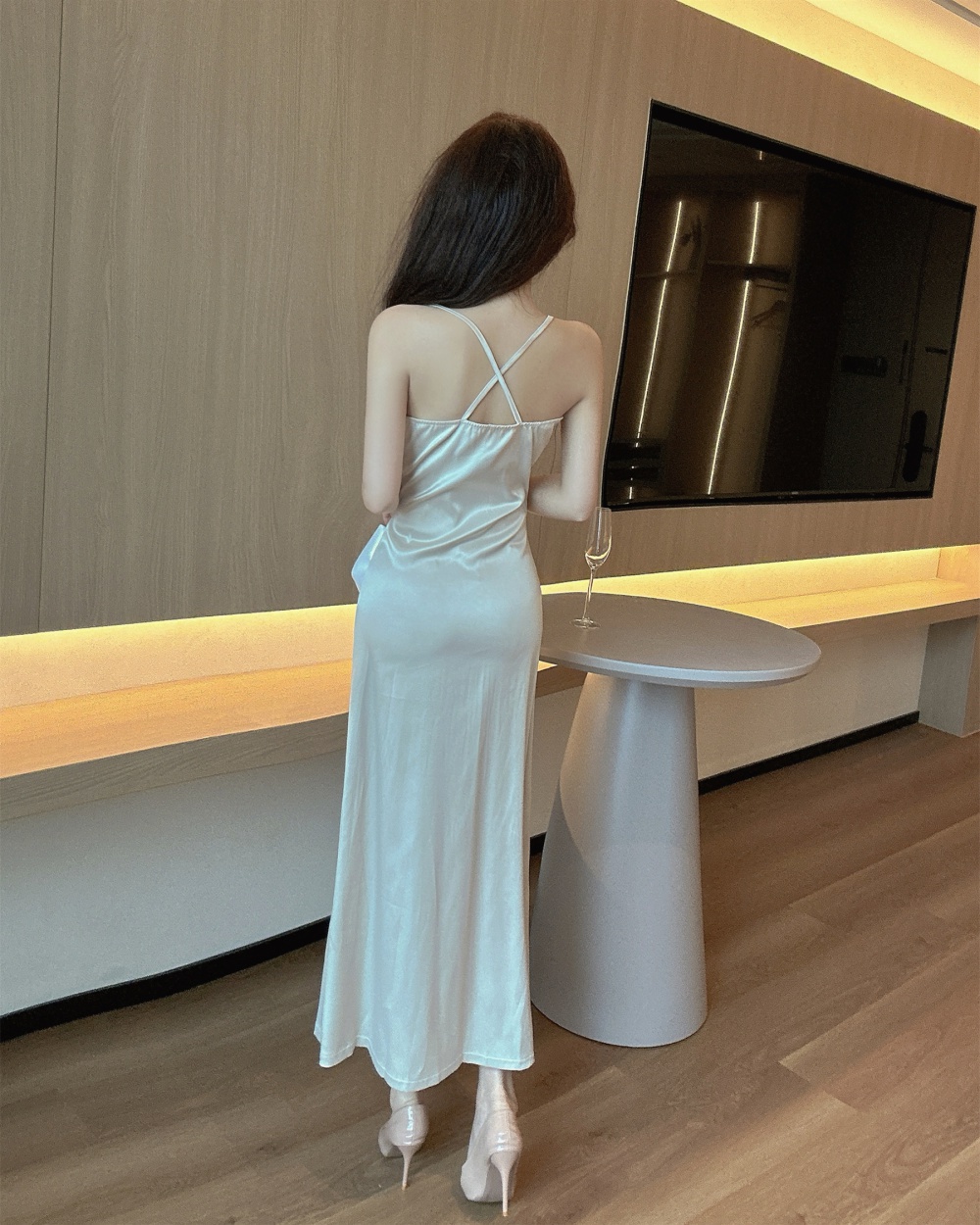 Drawstring high slit bottoming low-cut long dress