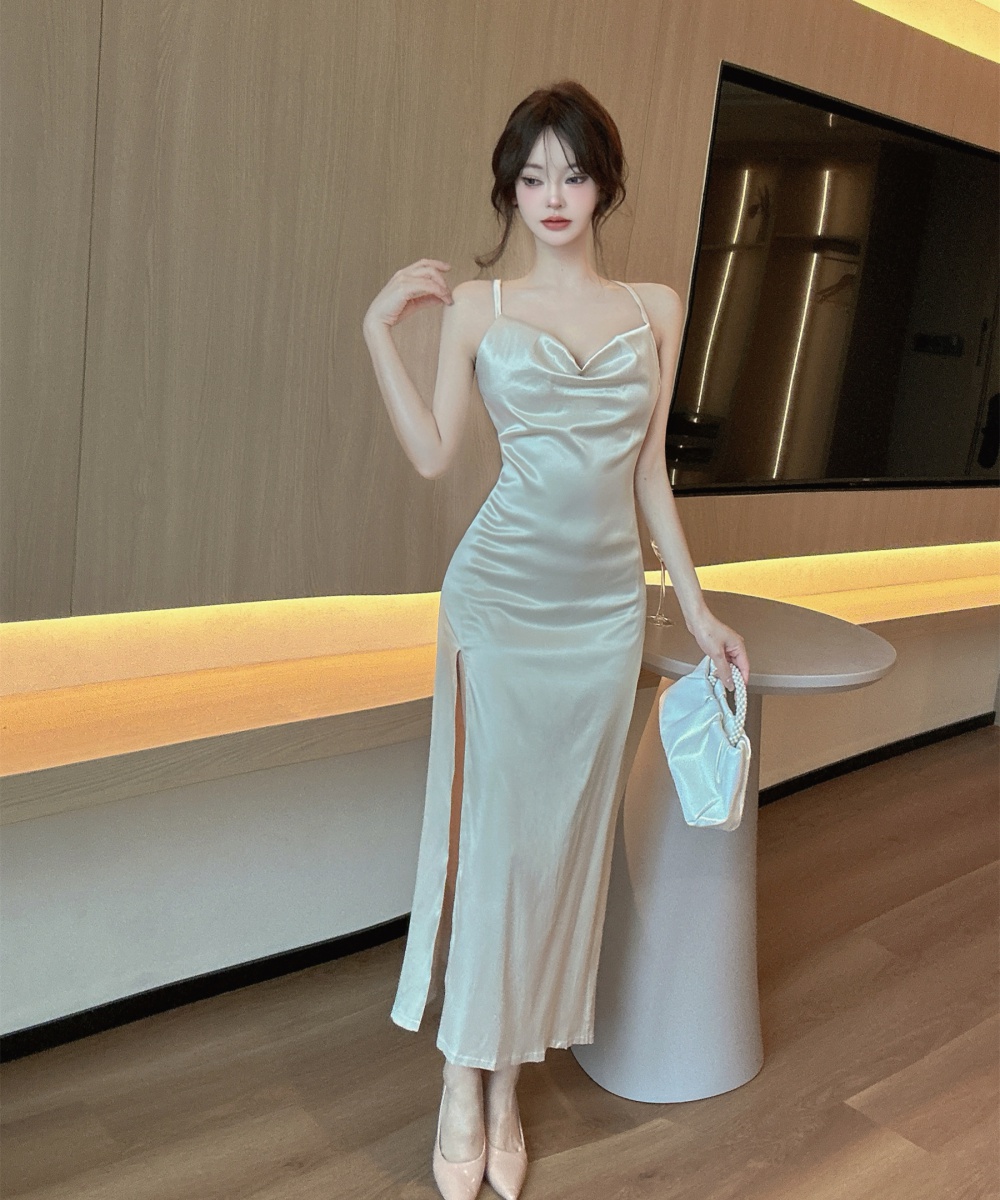 Drawstring high slit bottoming low-cut long dress