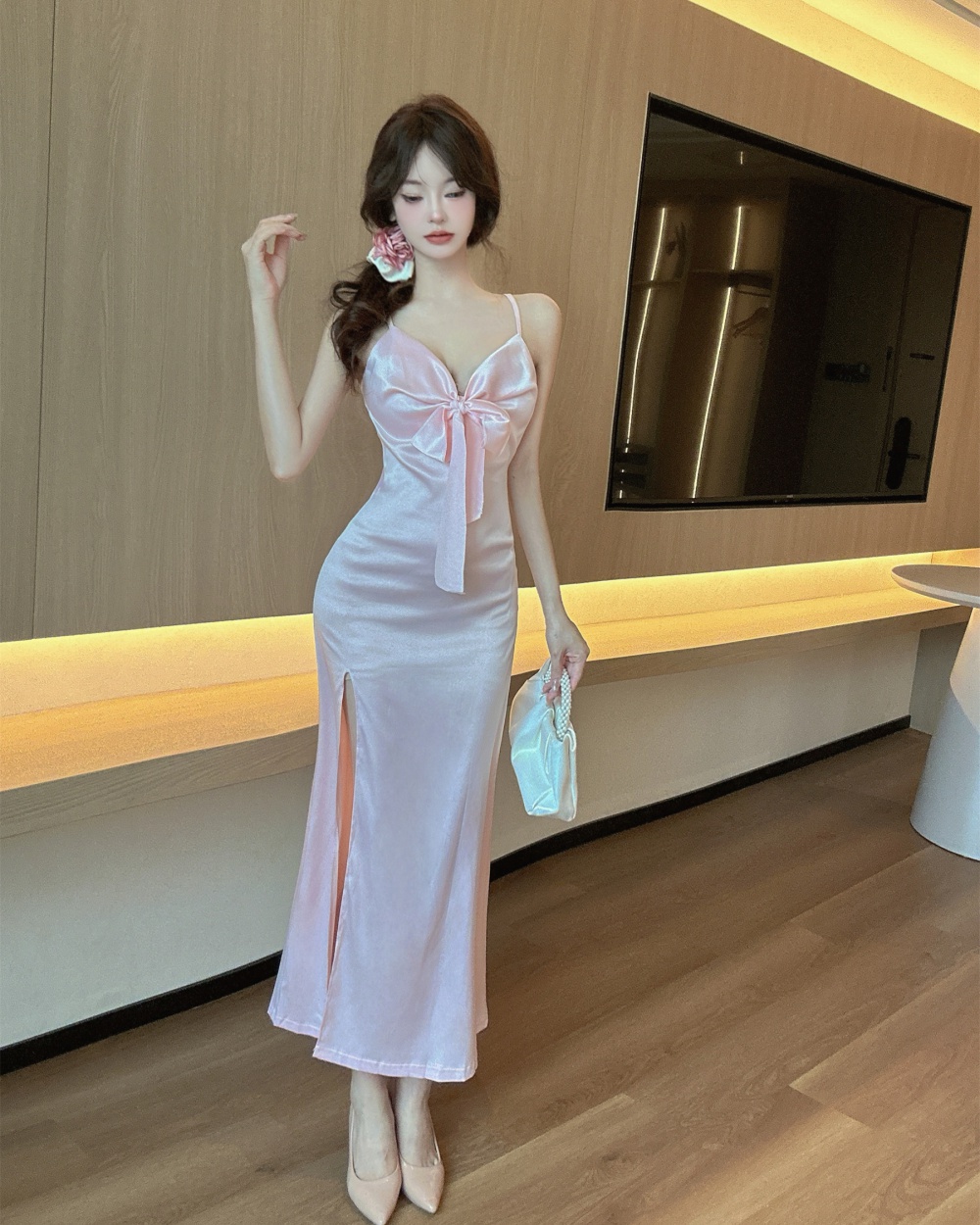 Drawstring high slit bottoming low-cut long dress