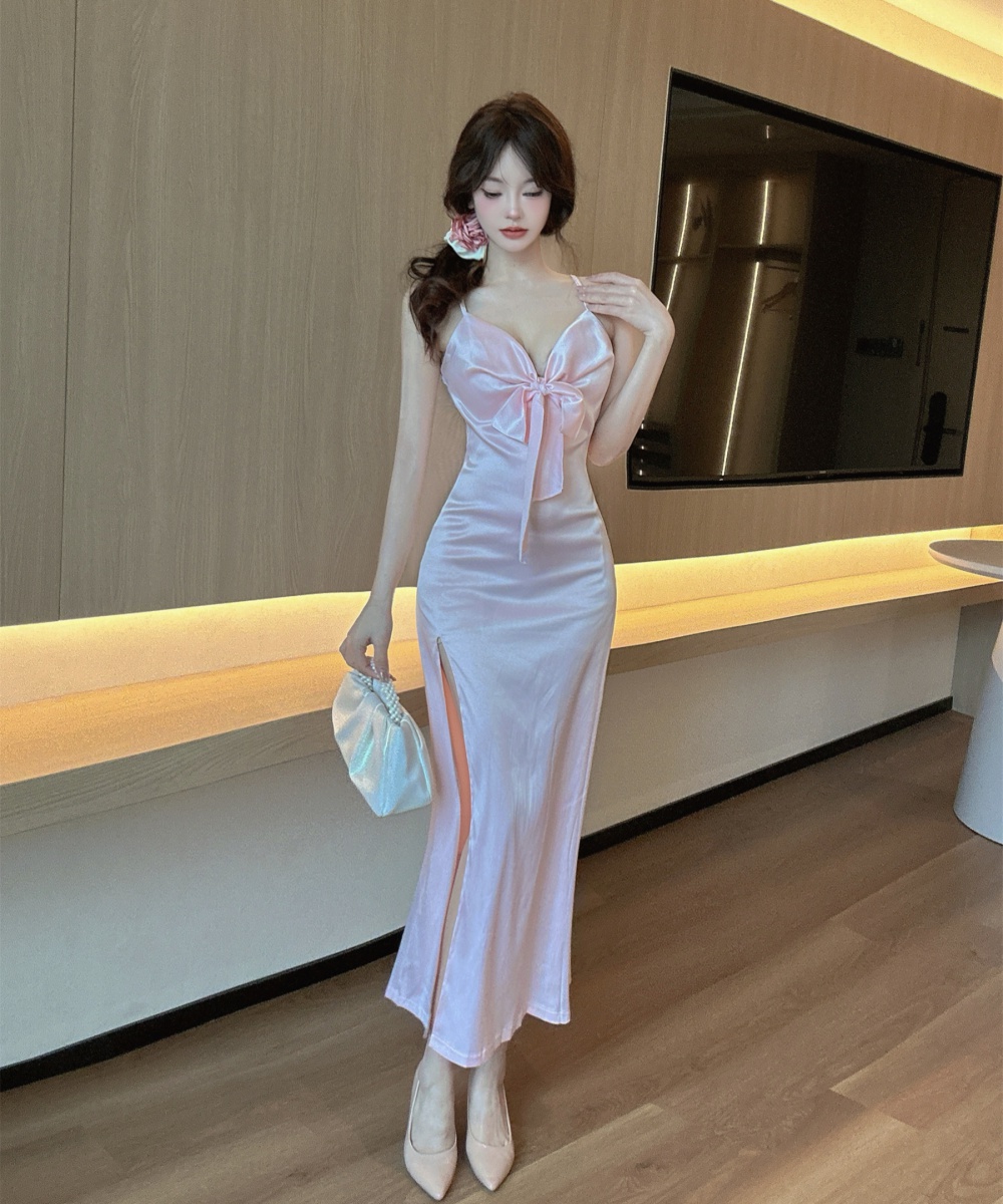 Drawstring high slit bottoming low-cut long dress