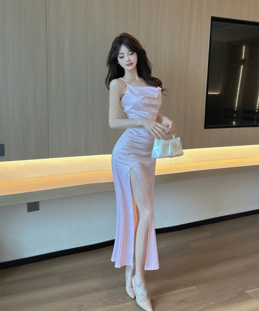 Drawstring high slit bottoming low-cut long dress