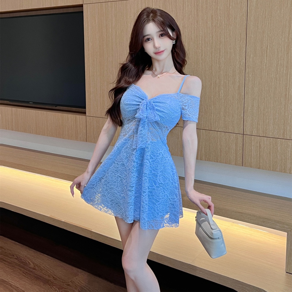 V-neck lace perspective splice sexy slim sling low-cut dress