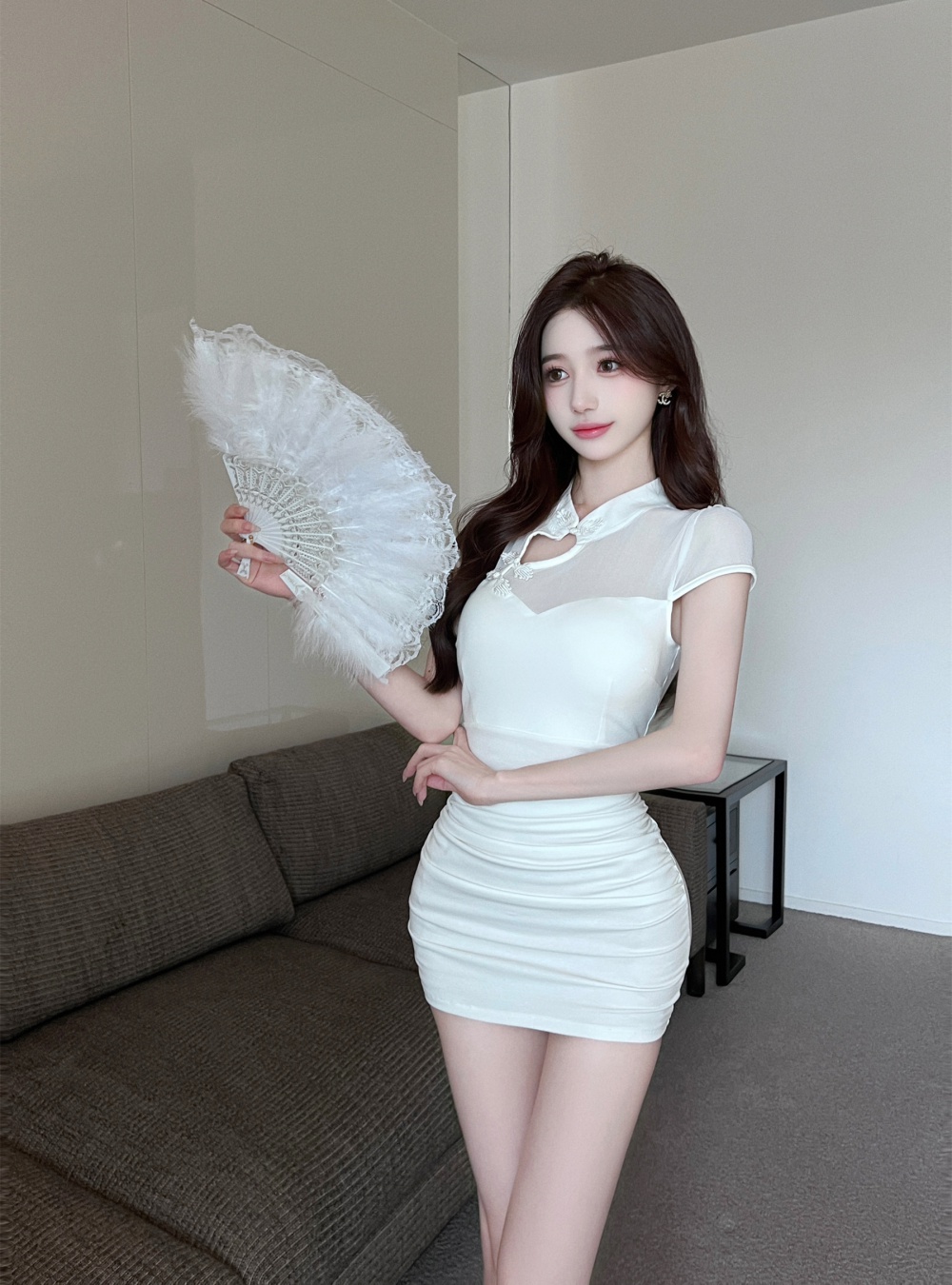 Cotton splice gauze cheongsam package hip sexy dress