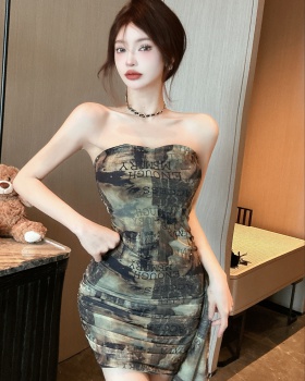 Bottoming wrapped chest sexy package hip gauze printing dress
