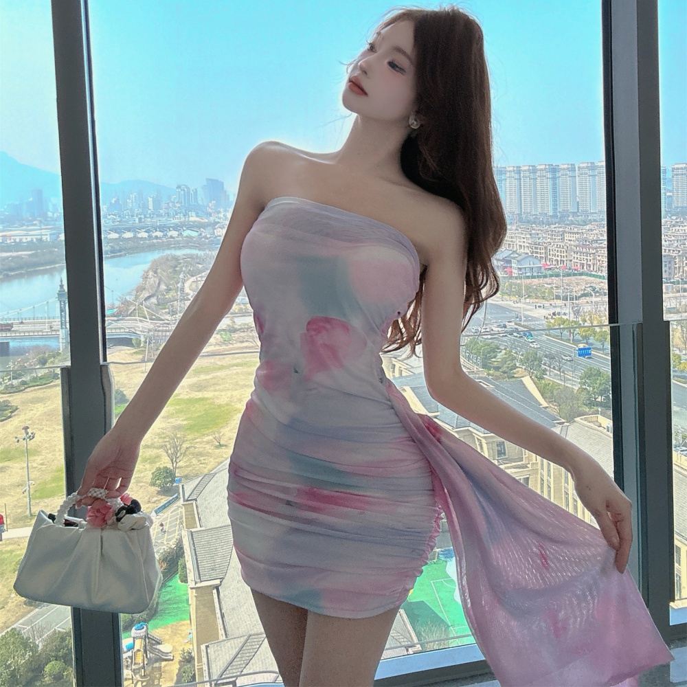 Bottoming wrapped chest sexy package hip gauze printing dress