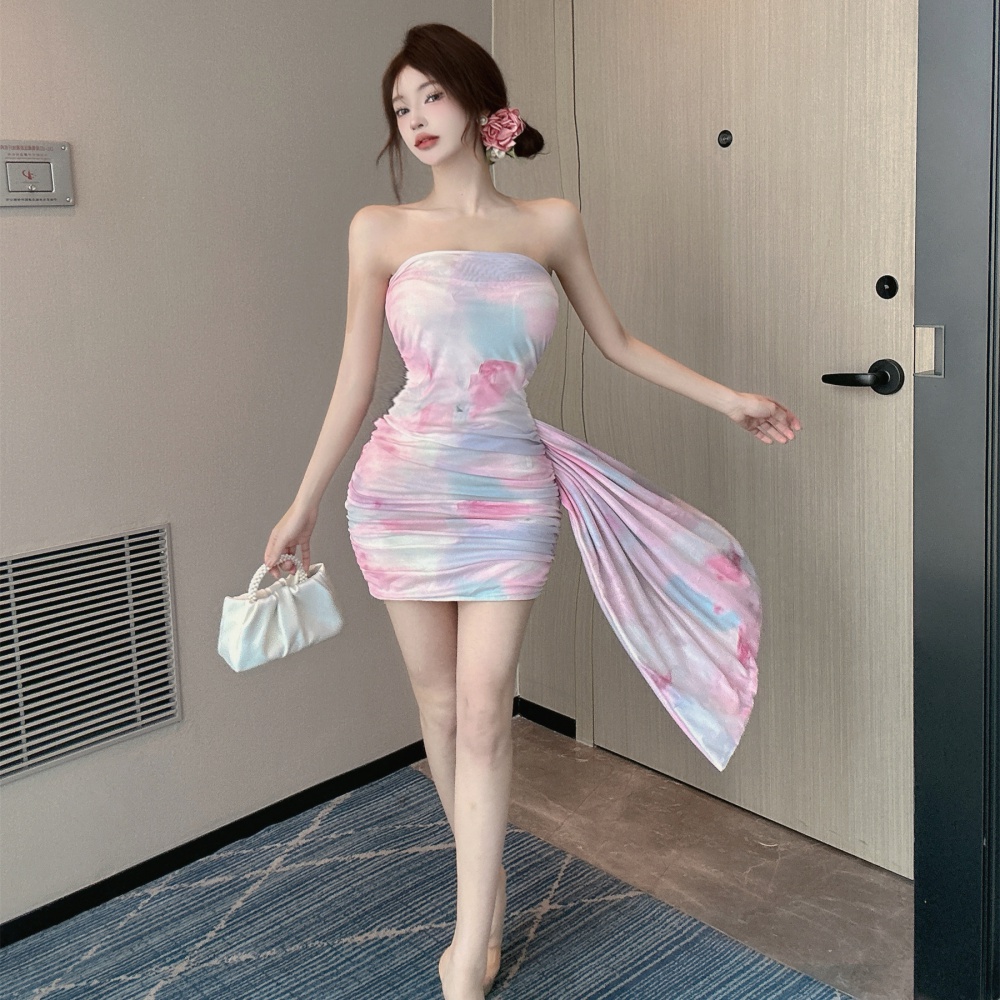 Bottoming wrapped chest sexy package hip gauze printing dress