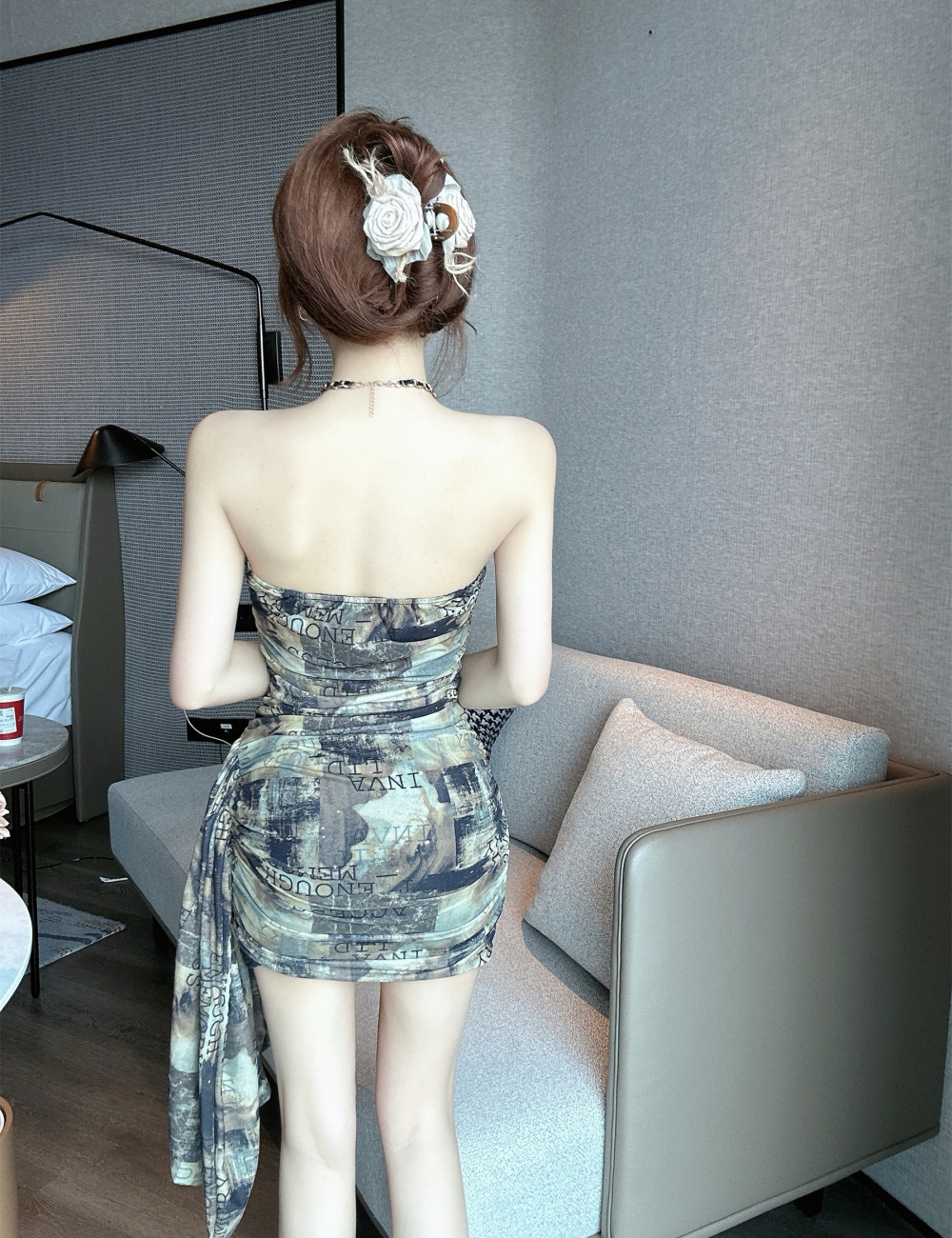 Bottoming wrapped chest sexy package hip gauze printing dress