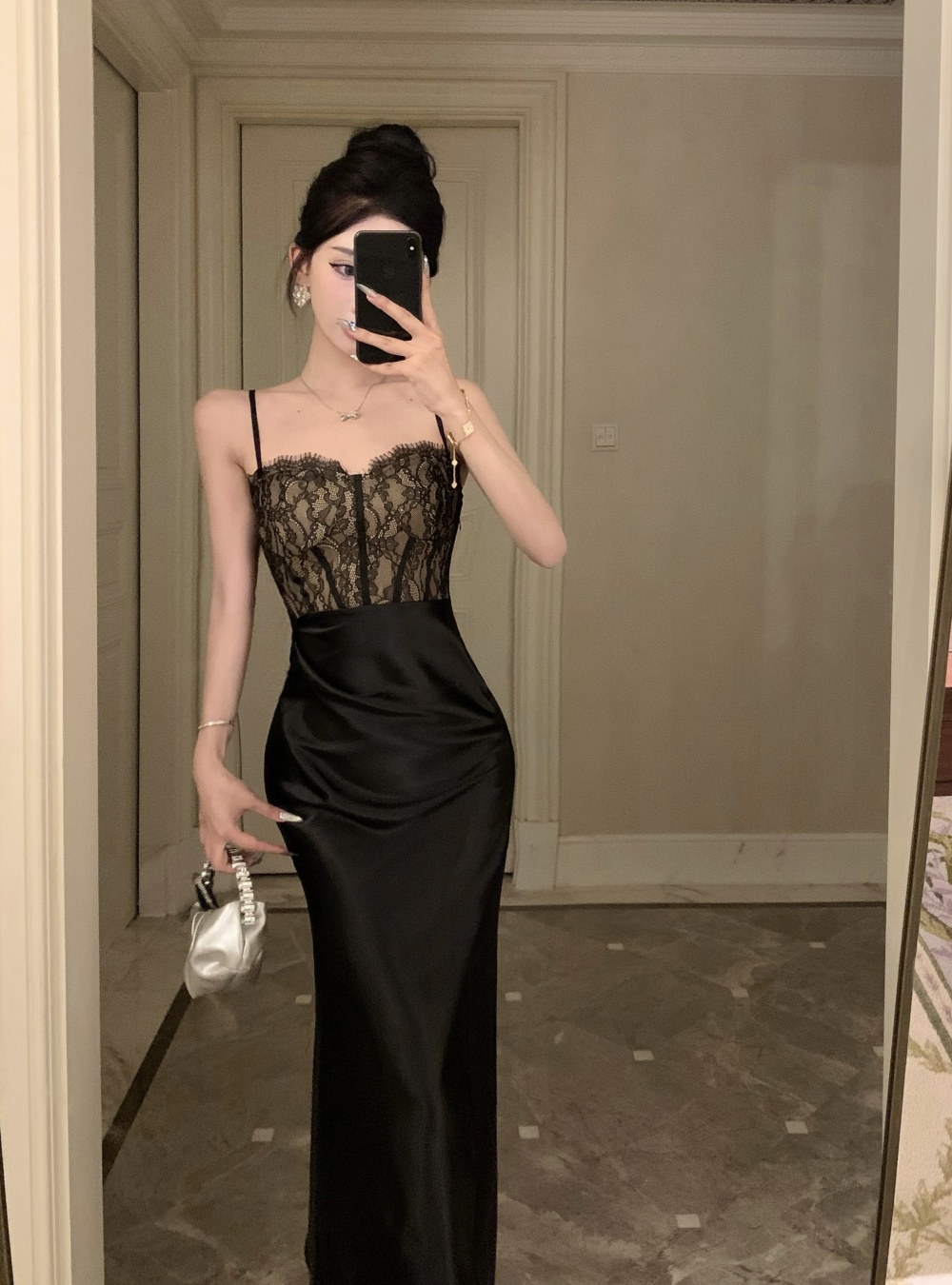 Retro slim black sexy long dress temperament sling splice dress