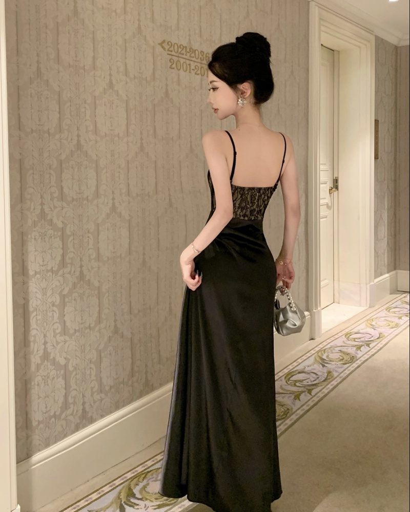 Retro slim black sexy long dress temperament sling splice dress