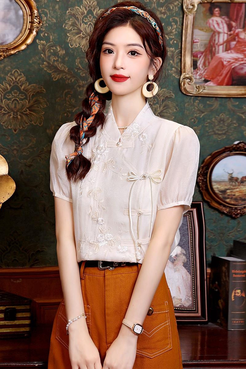 Summer chiffon tops short sleeve Chinese style shirt