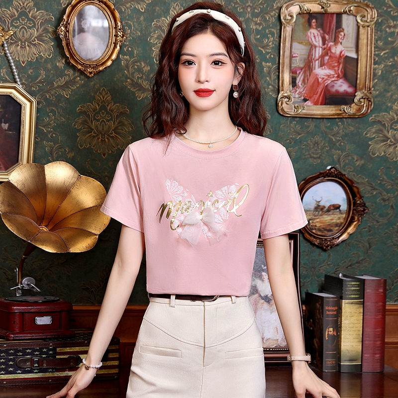 Bow summer tops printing T-shirt for women