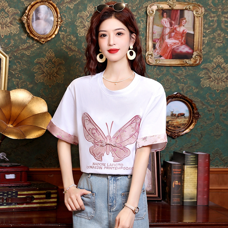 Butterfly embroidery tops mixed colors T-shirt for women