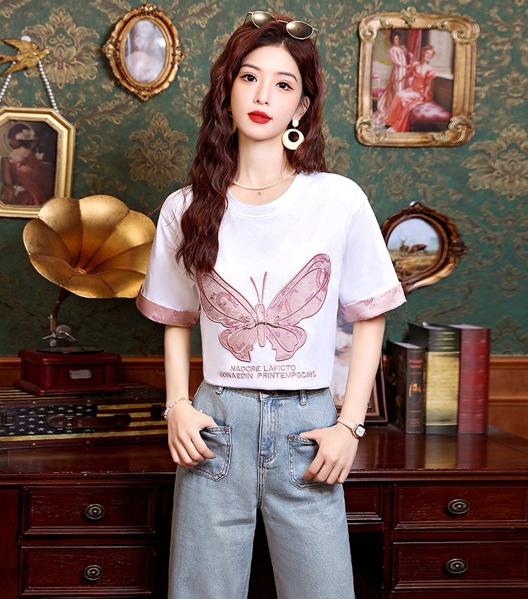 Butterfly embroidery tops mixed colors T-shirt for women