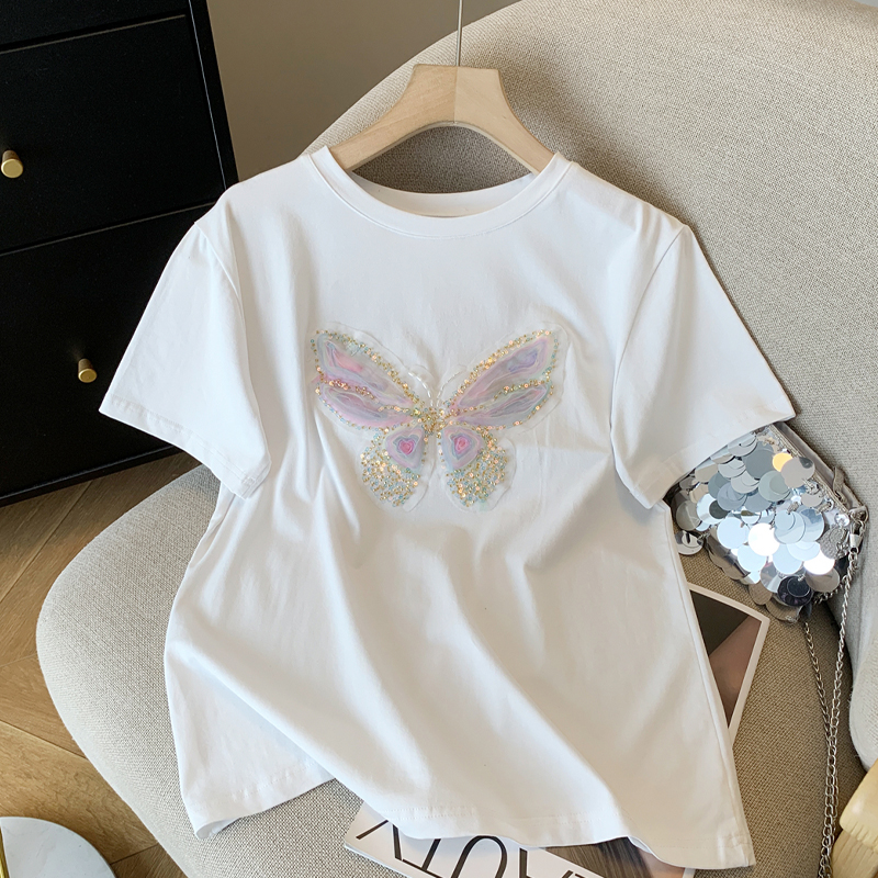 Butterfly short sleeve pure cotton round neck T-shirt