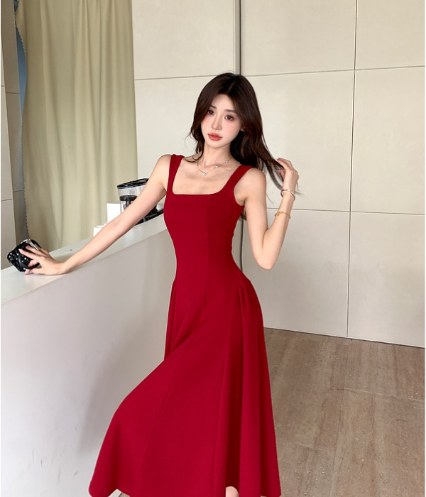 Red France style niche dress sling U-neck long dress for women