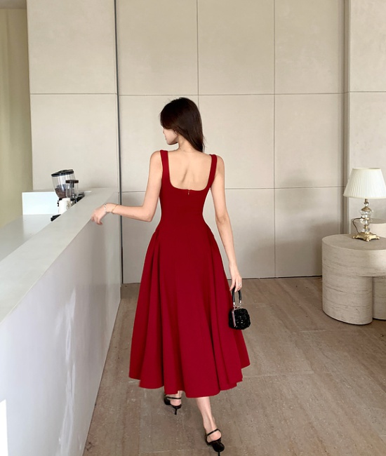 Red France style niche dress sling U-neck long dress for women