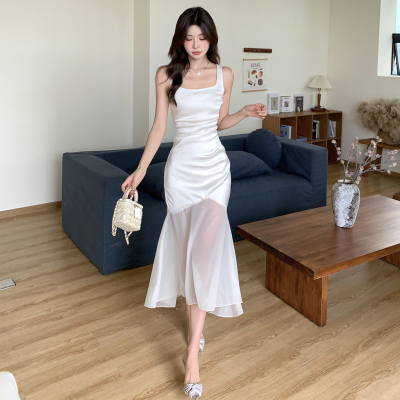 U-neck white long temperament dress for women