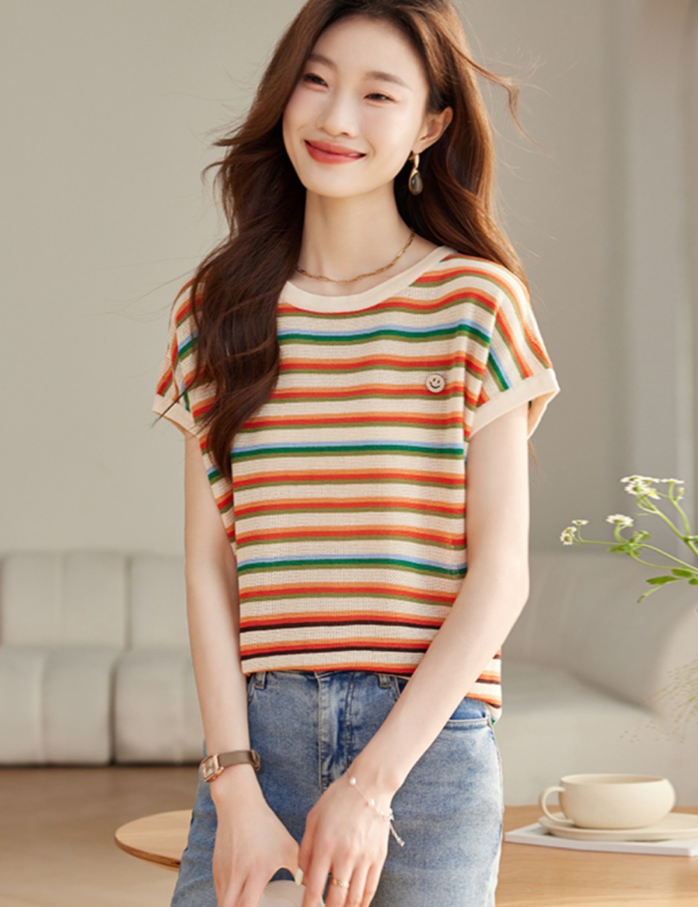 Summer knitted tops short sleeve T-shirt for women