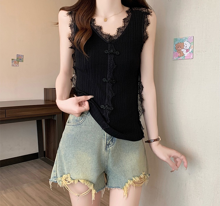 Knitted stitching silk vest summer Chinese style halter tops