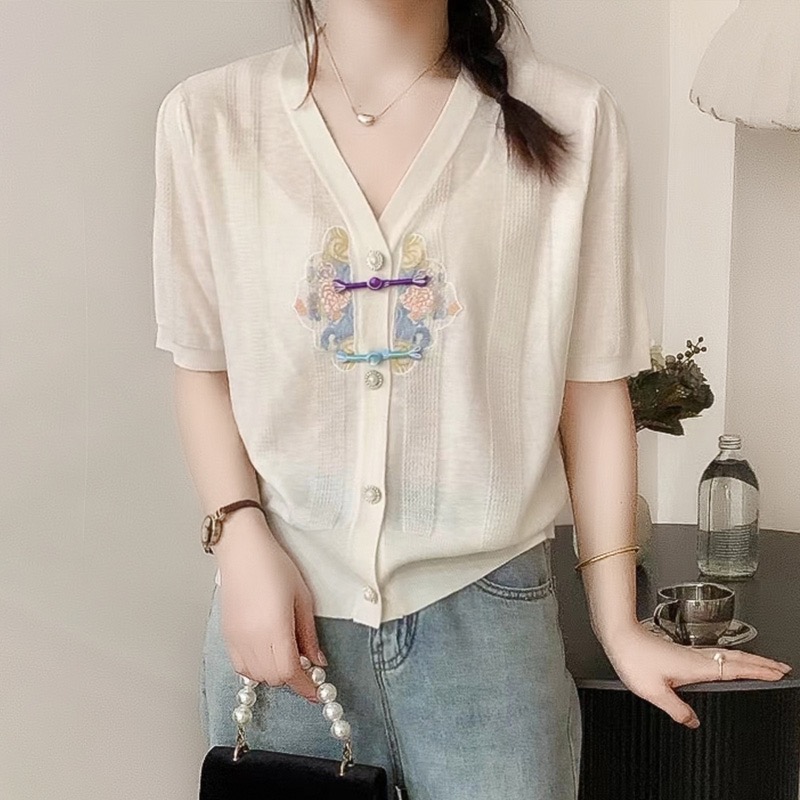 Thin summer Chinese style cardigan embroidery knitted tops