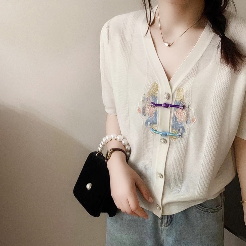 Thin summer Chinese style cardigan embroidery knitted tops
