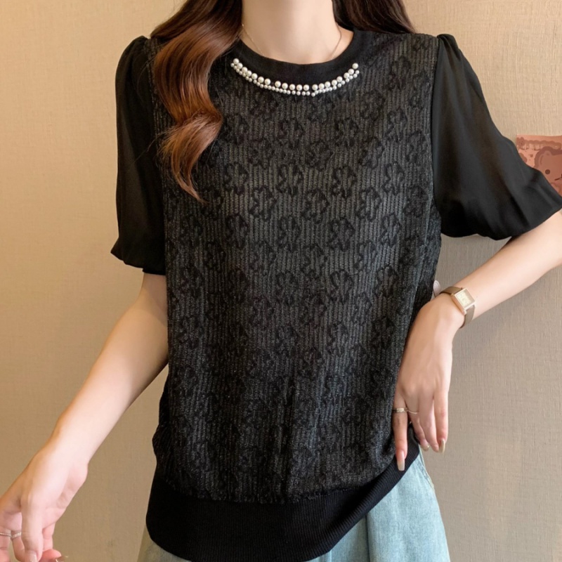 Ice silk knitted thin beading chanelstyle summer T-shirt