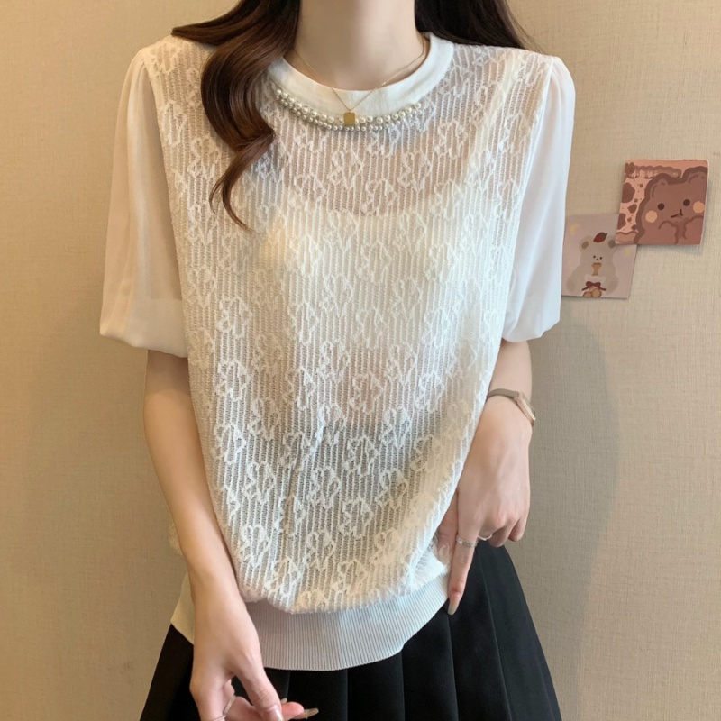 Ice silk knitted thin beading chanelstyle summer T-shirt
