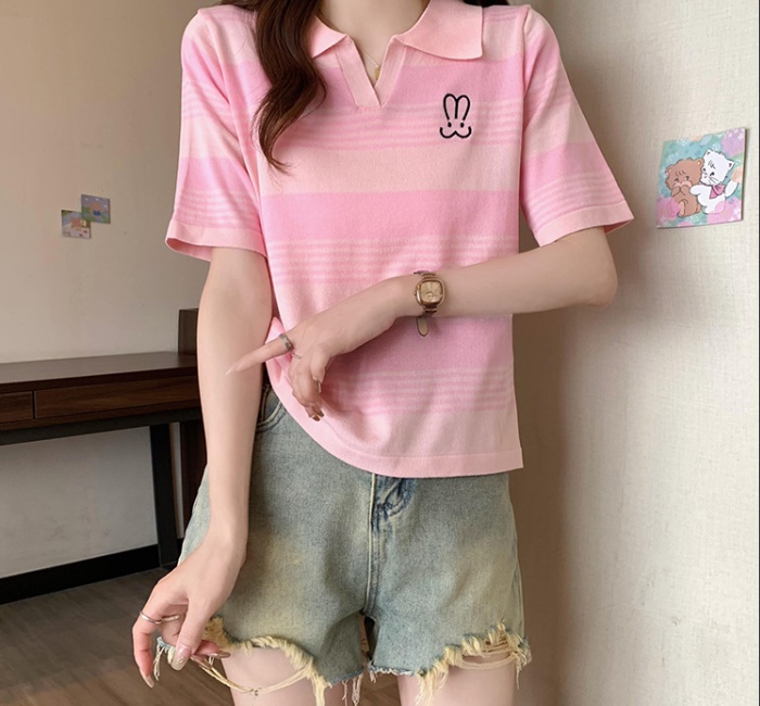 Thin knitted ice silk mixed colors T-shirt for women