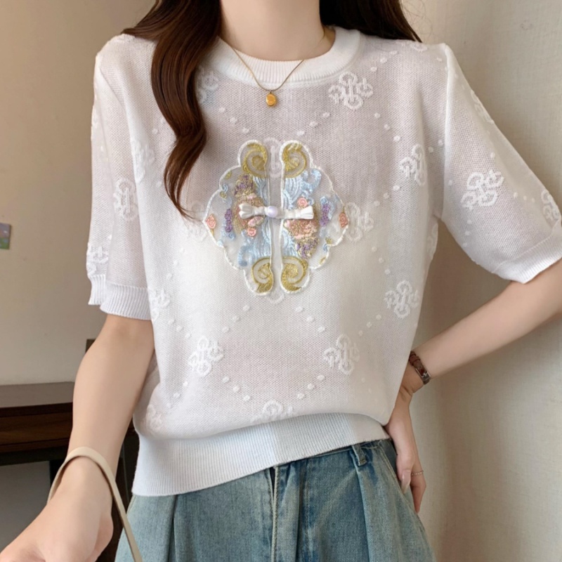 Ice silk summer embroidery T-shirt for women