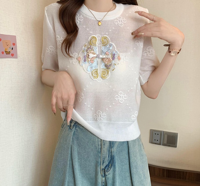 Ice silk summer embroidery T-shirt for women