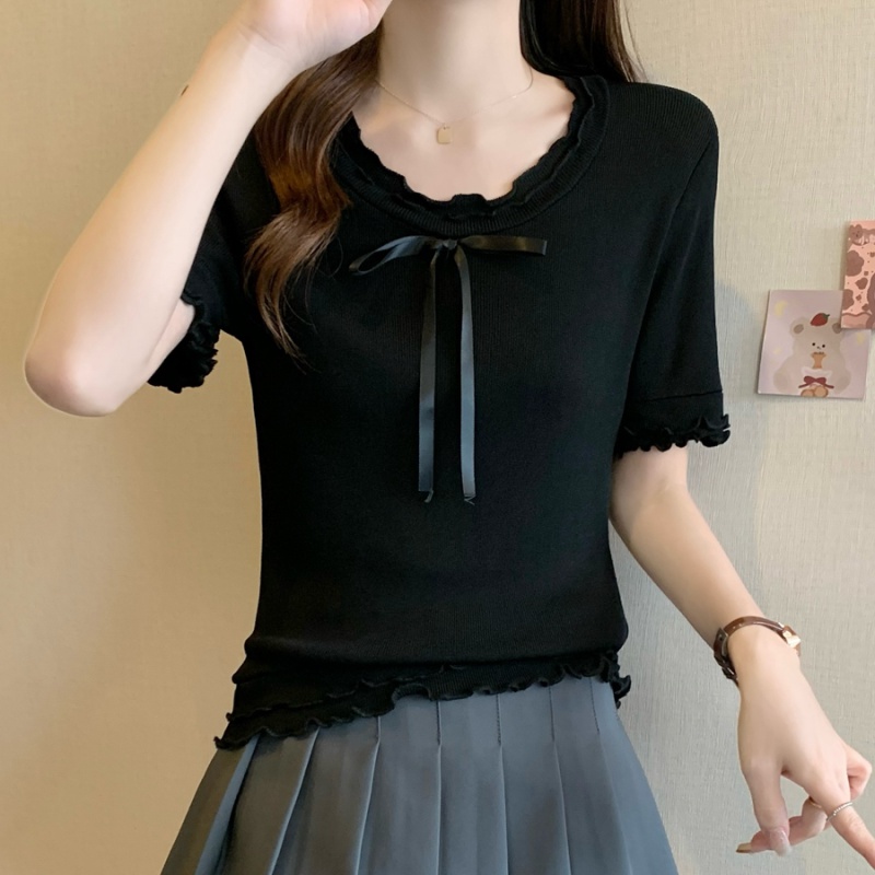 Thin summer chanelstyle ice silk bow knitted T-shirt