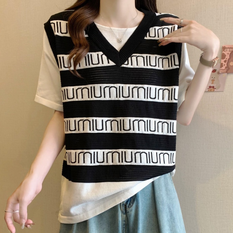 Summer knitted mixed colors T-shirt for women