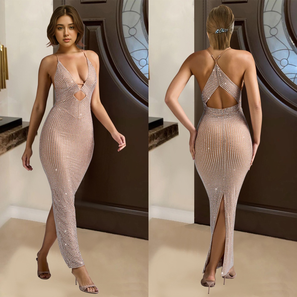 V-neck fashion long dress rhinestone dress for women