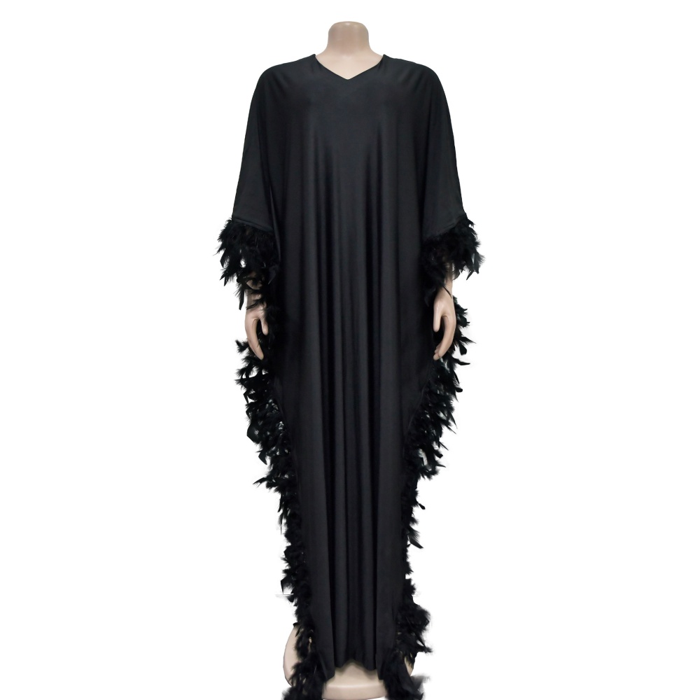 V-neck fashion dress feather long dress for women