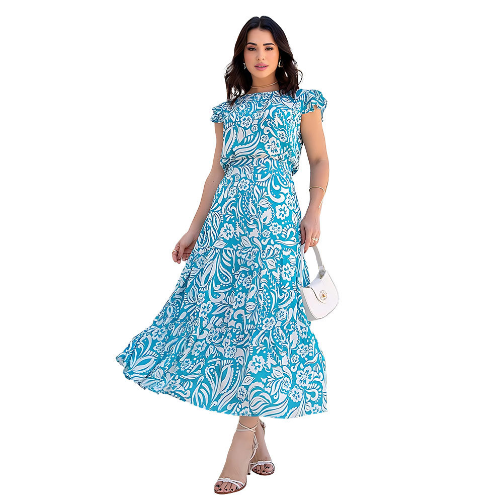 Summer floral short sleeve breathable long skirt 2pcs set for women