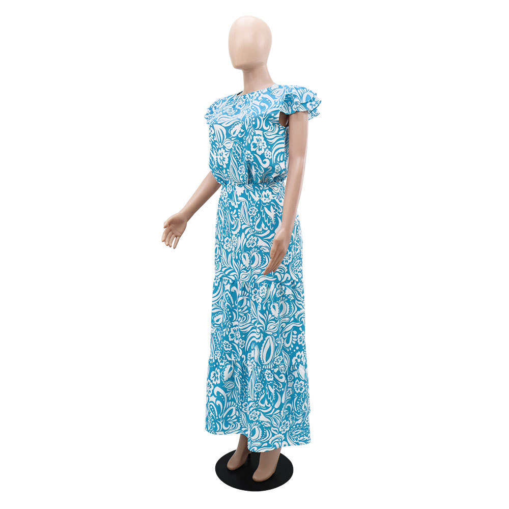 Summer floral short sleeve breathable long skirt 2pcs set for women