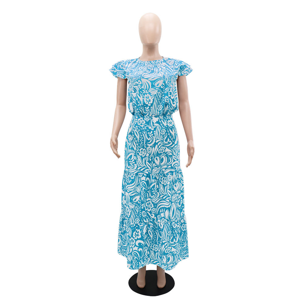 Summer floral short sleeve breathable long skirt 2pcs set for women