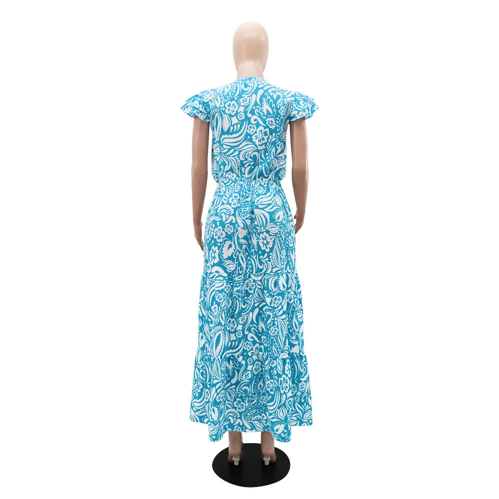 Summer floral short sleeve breathable long skirt 2pcs set for women