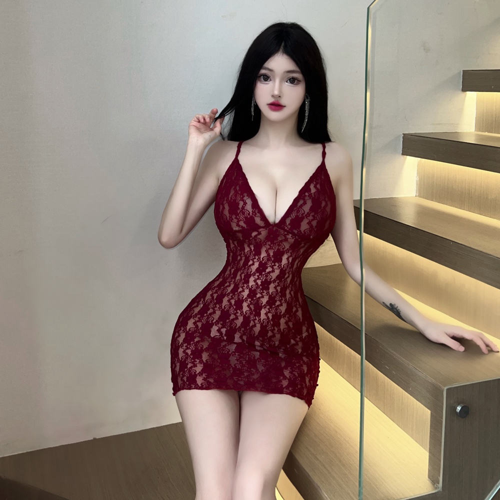 Transparent tight sling V-neck lace perspective sexy dress